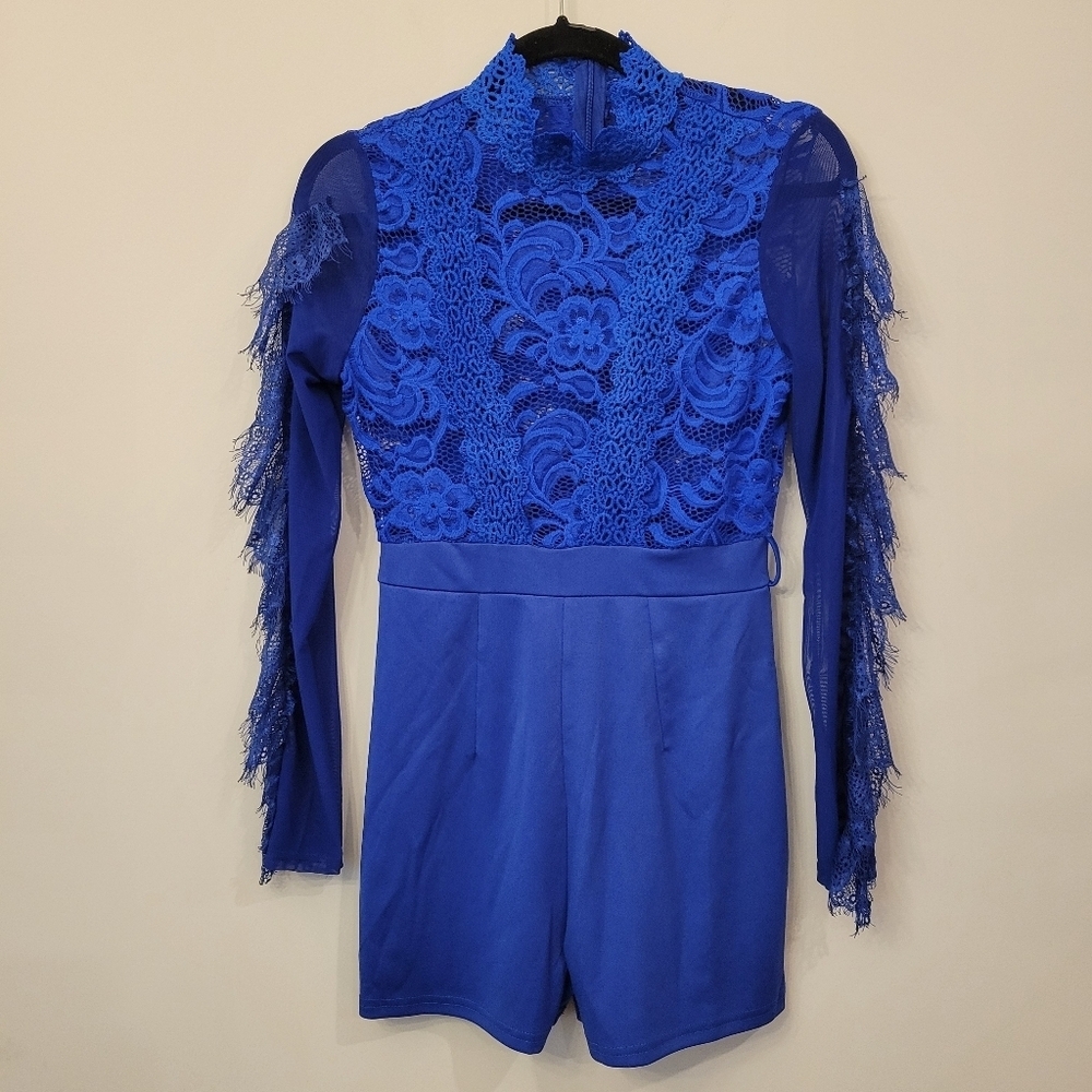 Blue Long Sleeve Sheer Lace Romper Size Small